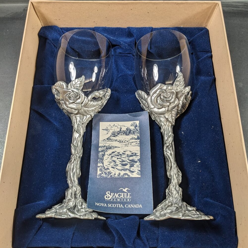 Vintage Seagull Pewter set of 2 wine glasses in box